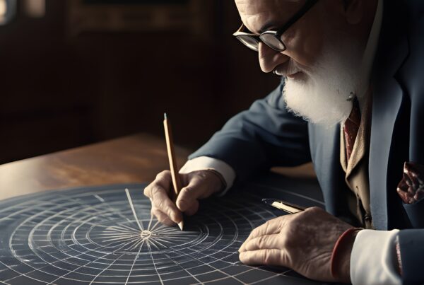 Elderly man drawing detailed geometric diagram in a study.
