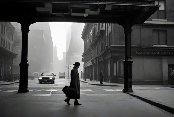 A man in a trench coat and fedora hat walks across a misty noir city street with vintage cars and classic buildings.