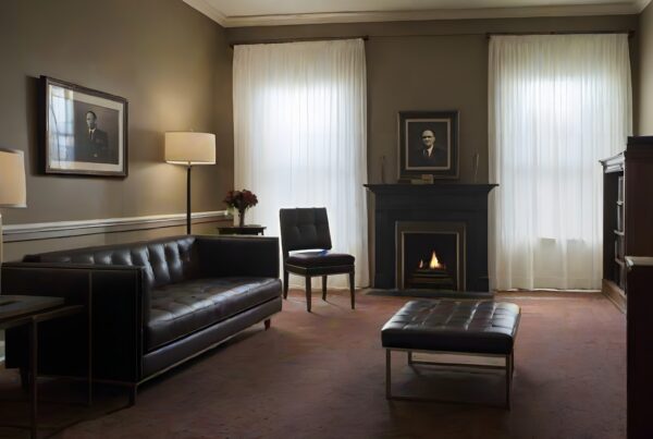 Elegant living room with leather sofa and fireplace.