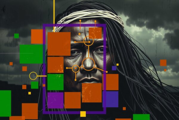 A person’s face with abstract geometric shapes and dramatic clouds in the background.