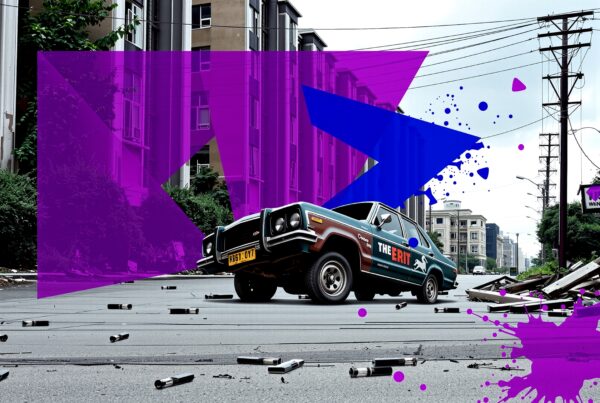 A vintage car on a colorful, artistic urban street scene.