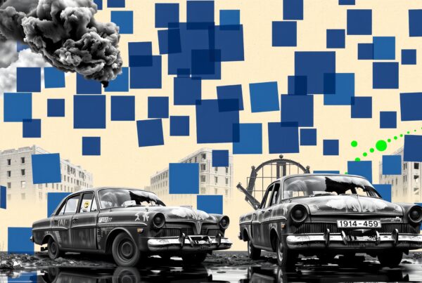 Creative depiction of vintage cars amidst abstract urban elements with blue squares and bold green lines.