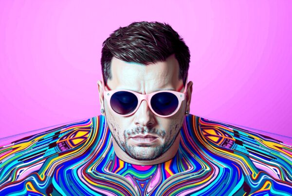 A man with pink sunglasses against a vivid pink background, featuring a psychedelic pattern.