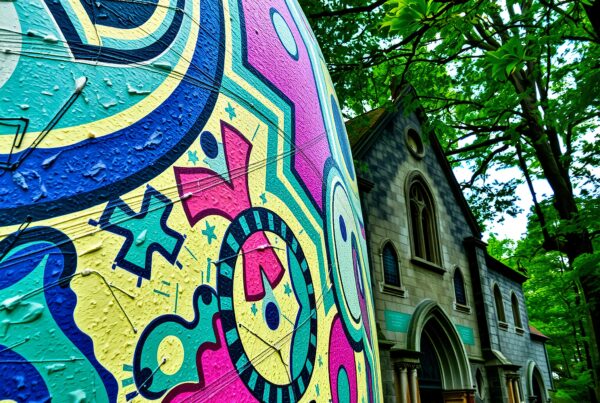 Colorful mural alongside historic architecture.