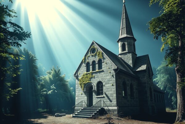 An old church in forest illuminated by sunlight creating a mystical atmosphere with ivy-covered stones and Gothic architecture.