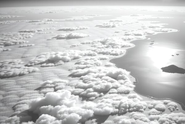 Aerial view of fluffy clouds and shimmering sea reflecting sunlight.