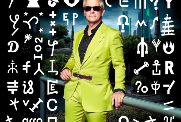 A man in a lime green suit with sunglasses stands before a futuristic cityscape, surrounded by mysterious symbols.