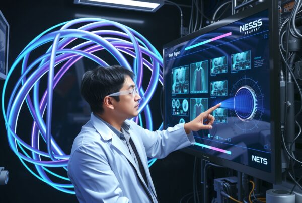 A scientist interacts with a digital display in a futuristic lab.