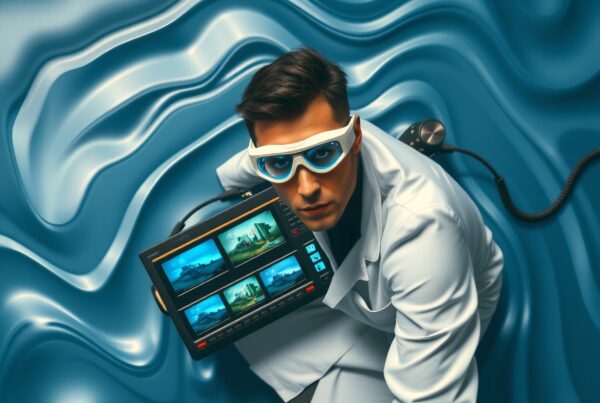 A man with futuristic glasses holds a tablet displaying landscapes in a high-tech, wavy blue environment.