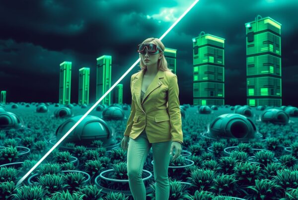 A woman in yellow explores a futuristic green cityscape.