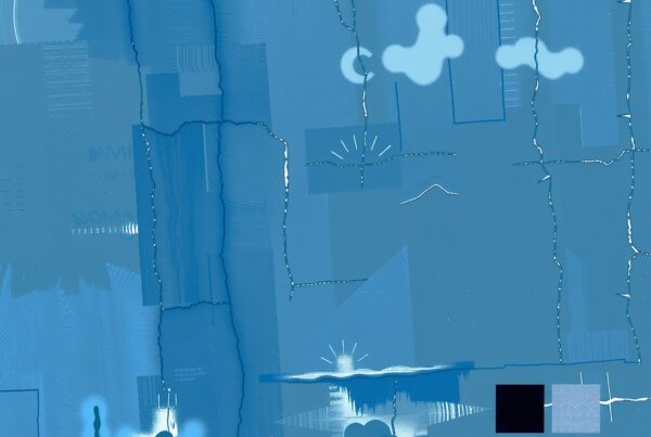 Abstract image with geometric shapes and various shades of blue, featuring a textured, layered composition.