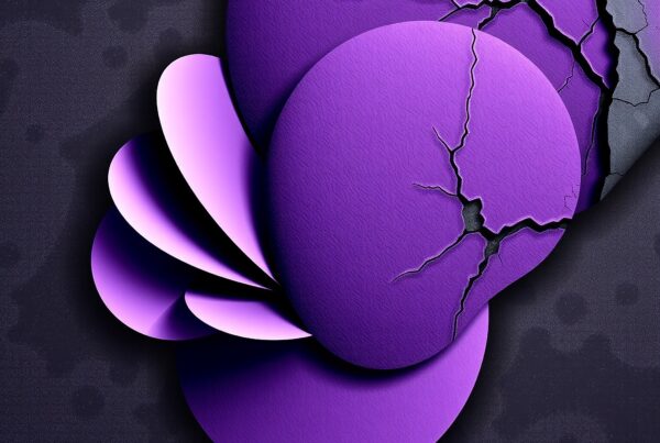 An abstract arrangement of purple textured circles with cracks revealing a darker layer, creating a dynamic, multidimensional visual.