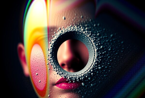 A colorful abstract portrait with droplets and hypnotic surrealism.