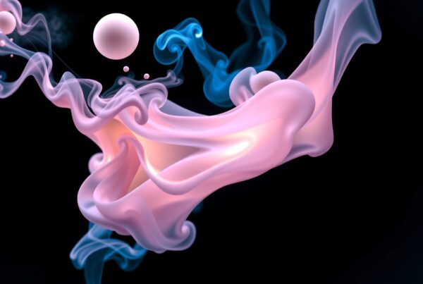 Abstract image featuring swirling pink ribbons and blue mist with a floating sphere.