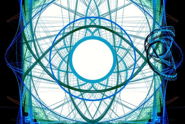 Abstract geometric design with intricate overlapping lines and shapes in shades of blue and green.