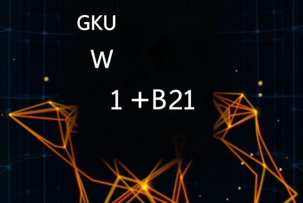 An abstract digital network with bright geometric lines and alphanumeric text on a dark background.