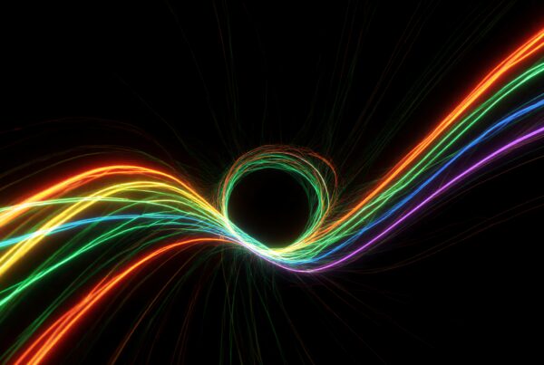 Multicolored light trails forming a vortex, swirling energies around a dark center against a black background.