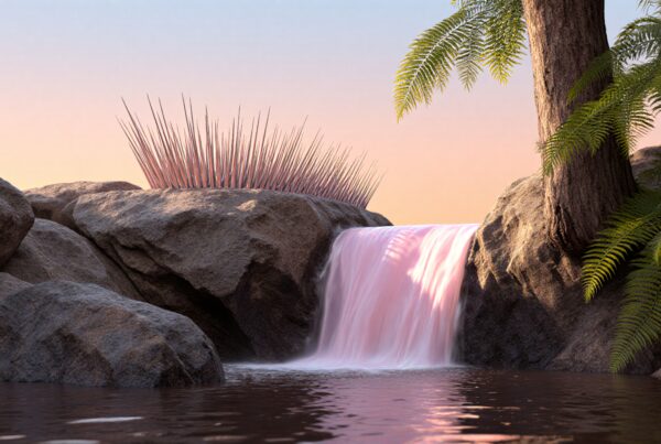 A dreamlike digital landscape with pink-tinted waterfall and lush greenery.