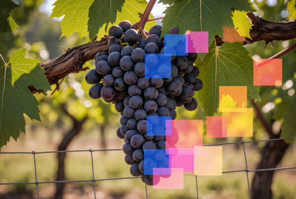 Cluster of ripe grapes with abstract colorful digital overlay in vineyard setting.