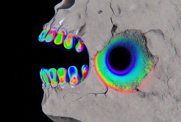 A digital artwork of a skull with rainbow teeth and vibrant colors on a black background.