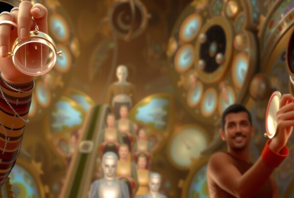 An ornate steampunk room with gears and a smiling man interacting with devices.
