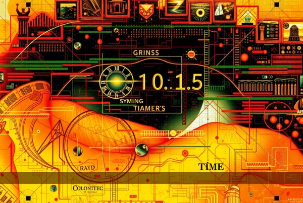 Futuristic abstract art with clock, geometric shapes, vibrant colors, technology theme.