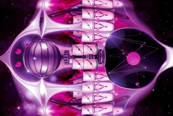 SEO-optimized alt text: Abstract purple and pink futuristic spacecraft design in deep space with geometric shapes and cosmic background.