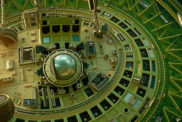 Futuristic interior with circular spaceship design and advanced technology elements.