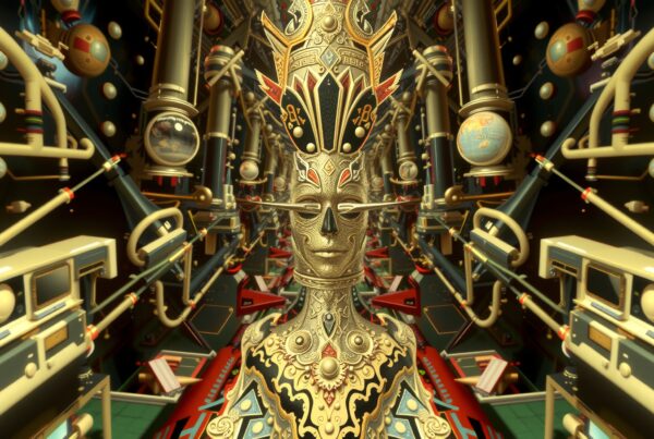 Intricate golden humanoid amidst futuristic machinery.