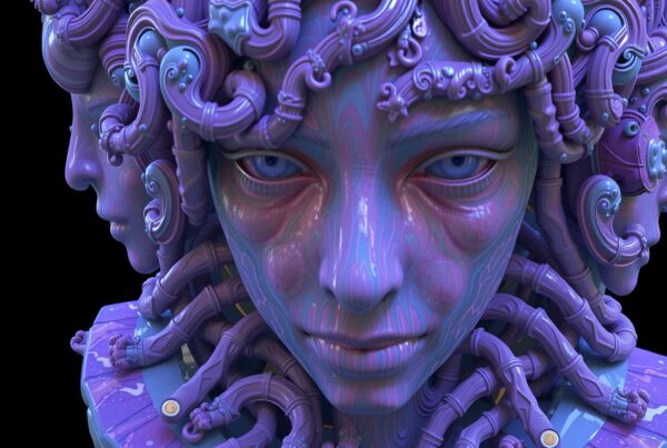 A surreal digital artwork with multiple faces, intertwining tubes, and a futuristic color scheme of purple and blue.