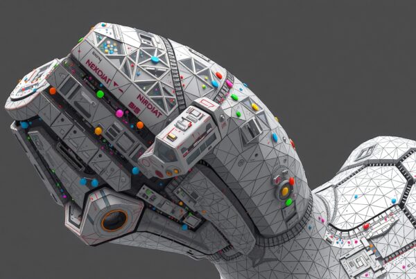 Futuristic spacecraft with geometric design and colorful details.