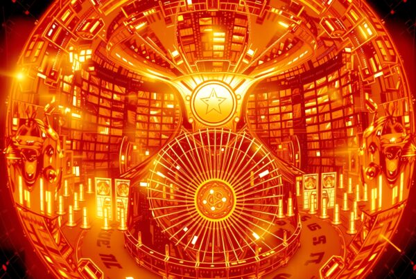 Futuristic design with warm orange hues and intricate mechanical patterns.