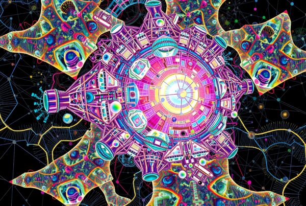 A vibrant, psychedelic space station with geometric details against a cosmic background.