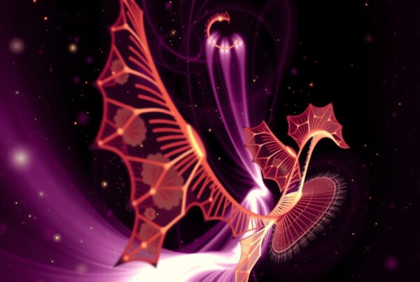 An abstract ethereal creature with red wings in a purple cosmic background.