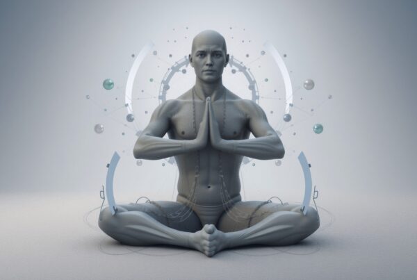 A person in meditative pose surrounded by abstract geometric designs, symbolizing the harmony between spirituality and technology.