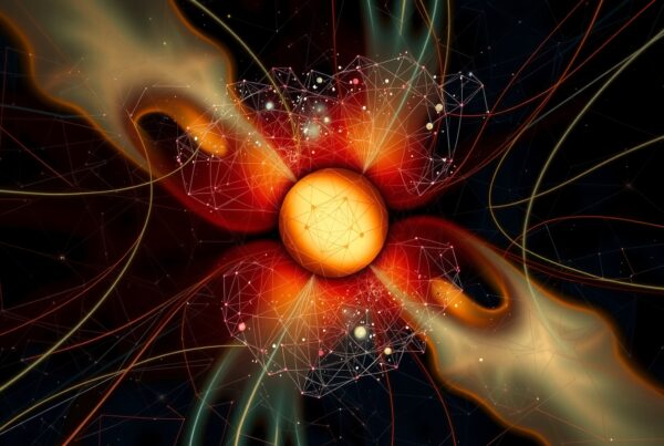 Abstract cosmic network art with glowing central sphere.