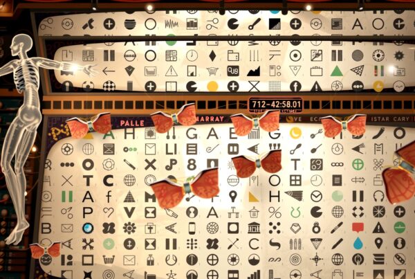 A visually engaging collage combining diverse symbols, a human skeleton, and vibrant butterflies.