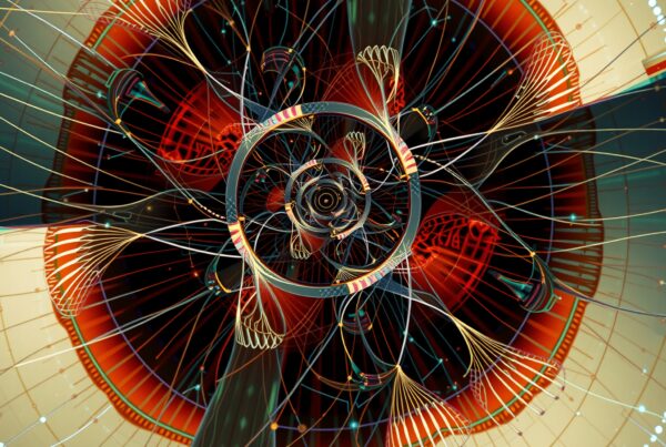 Abstract geometric design with intricate fractal patterns and vibrant, harmonious colors.