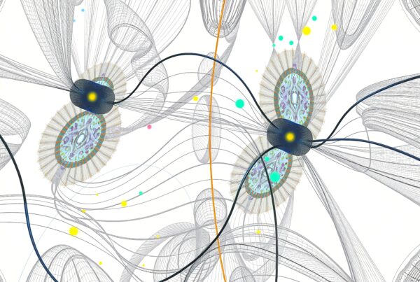 Abstract digital art depicting interconnected spheres, colorful dots, and complex, swirling mesh lines in a futuristic network design.