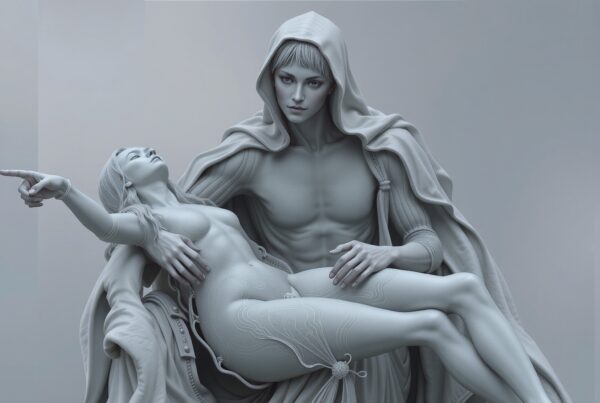 A mysterious cloaked figure with serene expression holds ethereal lifeless body in monochrome setting, evoking classical sculpture themes.