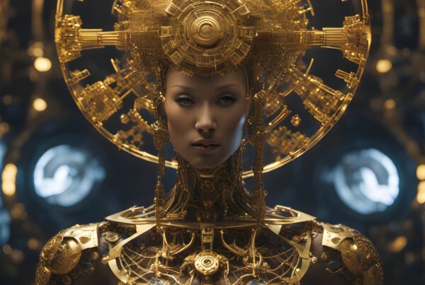 Futuristic humanoid with intricate golden machinery set against a dimly lit technical background.