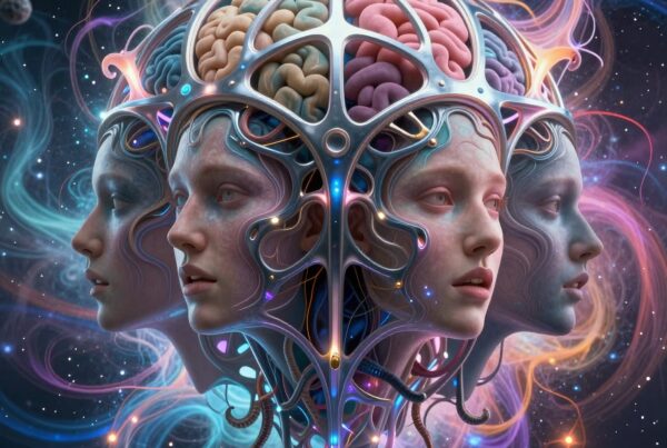 Surreal cosmic image with four human-like faces.