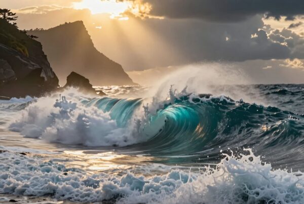 Dramatic ocean waves crash against rocky shore at sunset.
