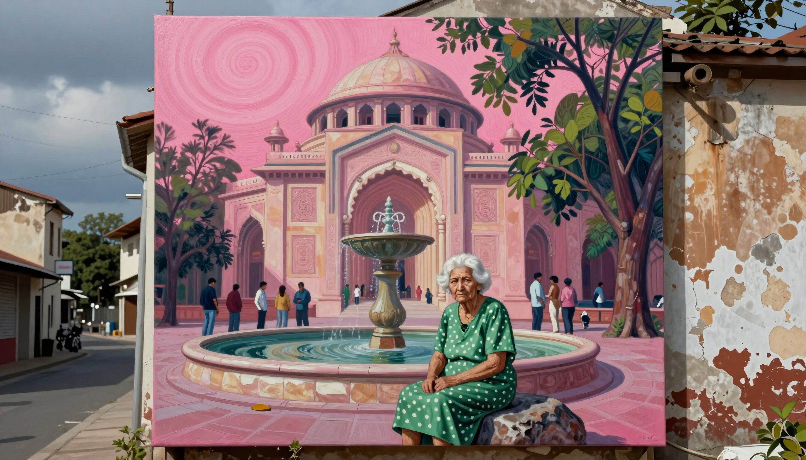 Elderly woman in vibrant mural