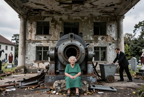 Elderly woman in green dress sits by weathered industrial machinery in front of a dilapidated building surrounded by statues and gravestones, creating a striking contrast of resilience and decay.