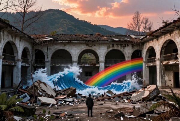 A large wave and rainbow appear in a debris-filled, abandoned courtyard with mountain backdrop.