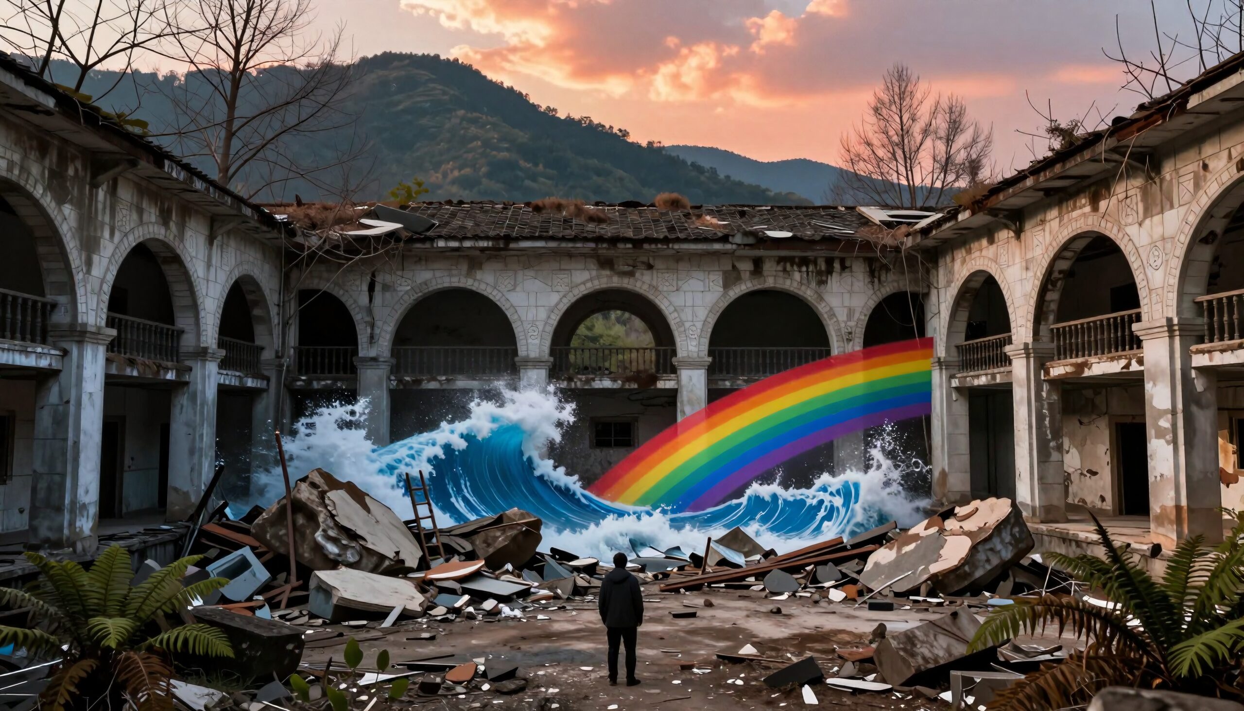 Rainbow Waves in Abandoned Courtyard