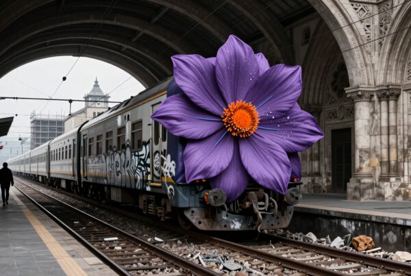 A train at a historical station features a surreal large purple flower blooming from its front, blending urban and nature.