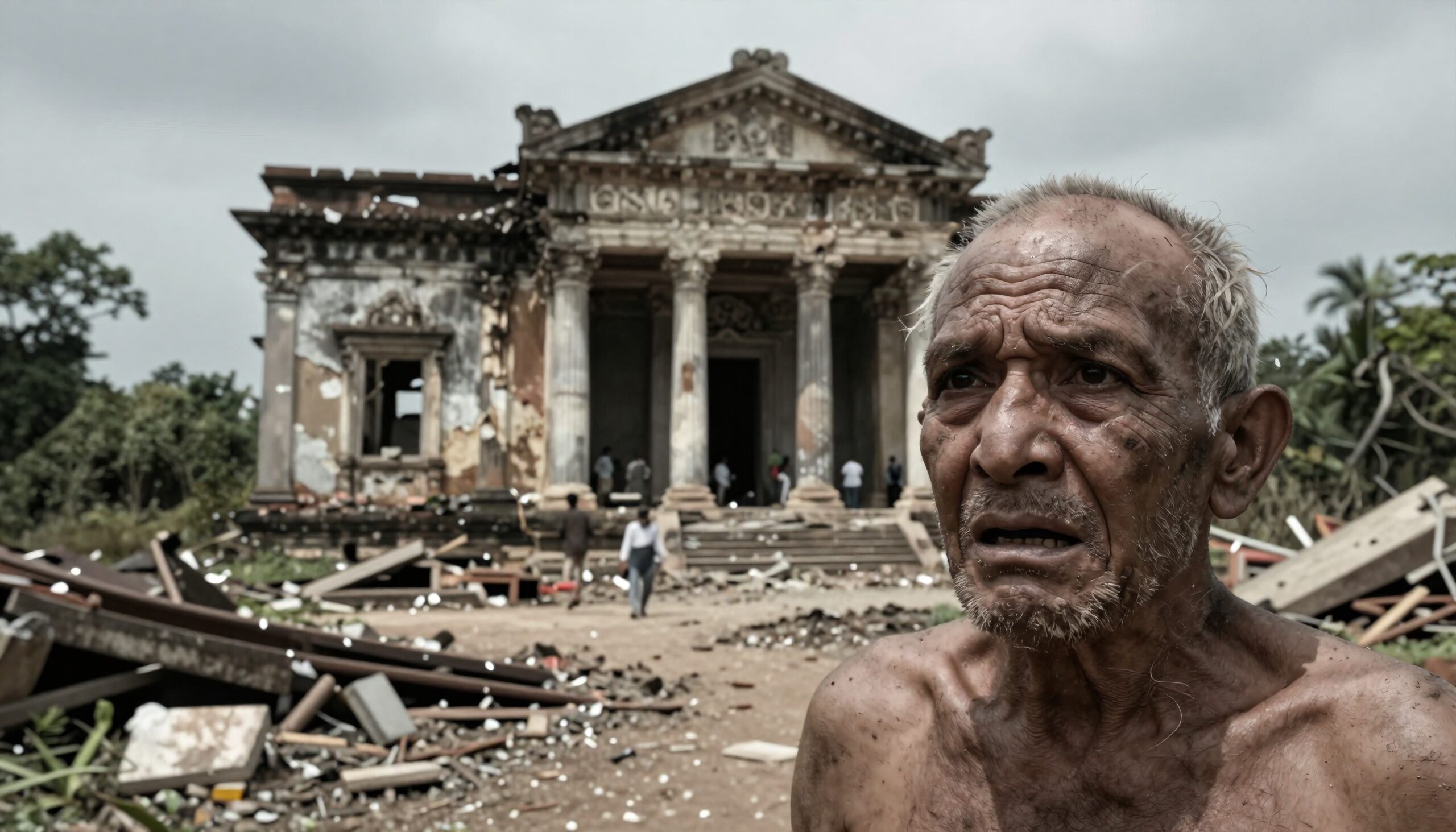 Historical ruin amidst human struggle