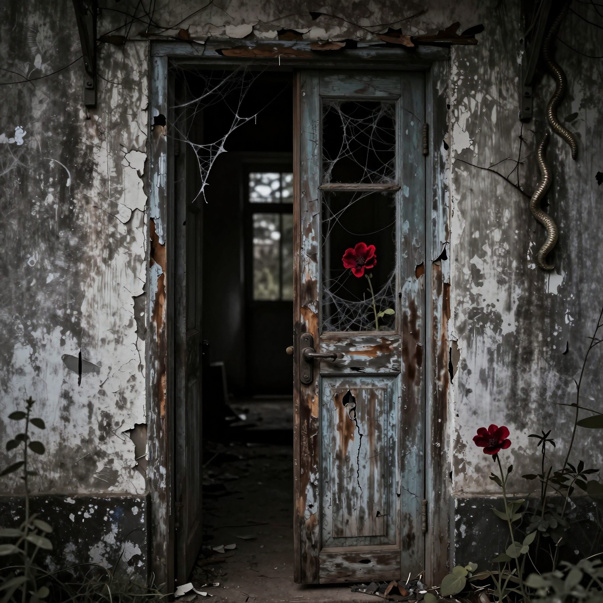 Decaying Door with Vibrant Red Flower